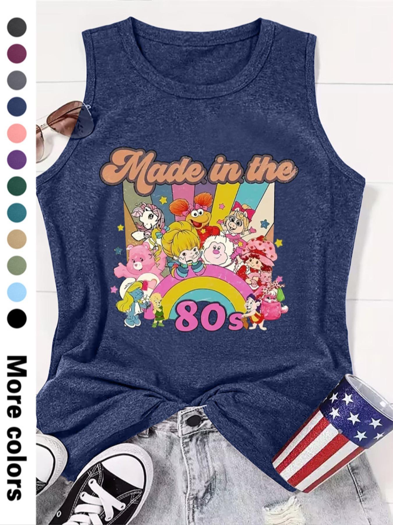 Fashionable Women's Cartoon Letter Print Round Neck Sleeveless Vest, Comfortable Knit Fabric, Summer Fitted Style, Available in 12 Colors