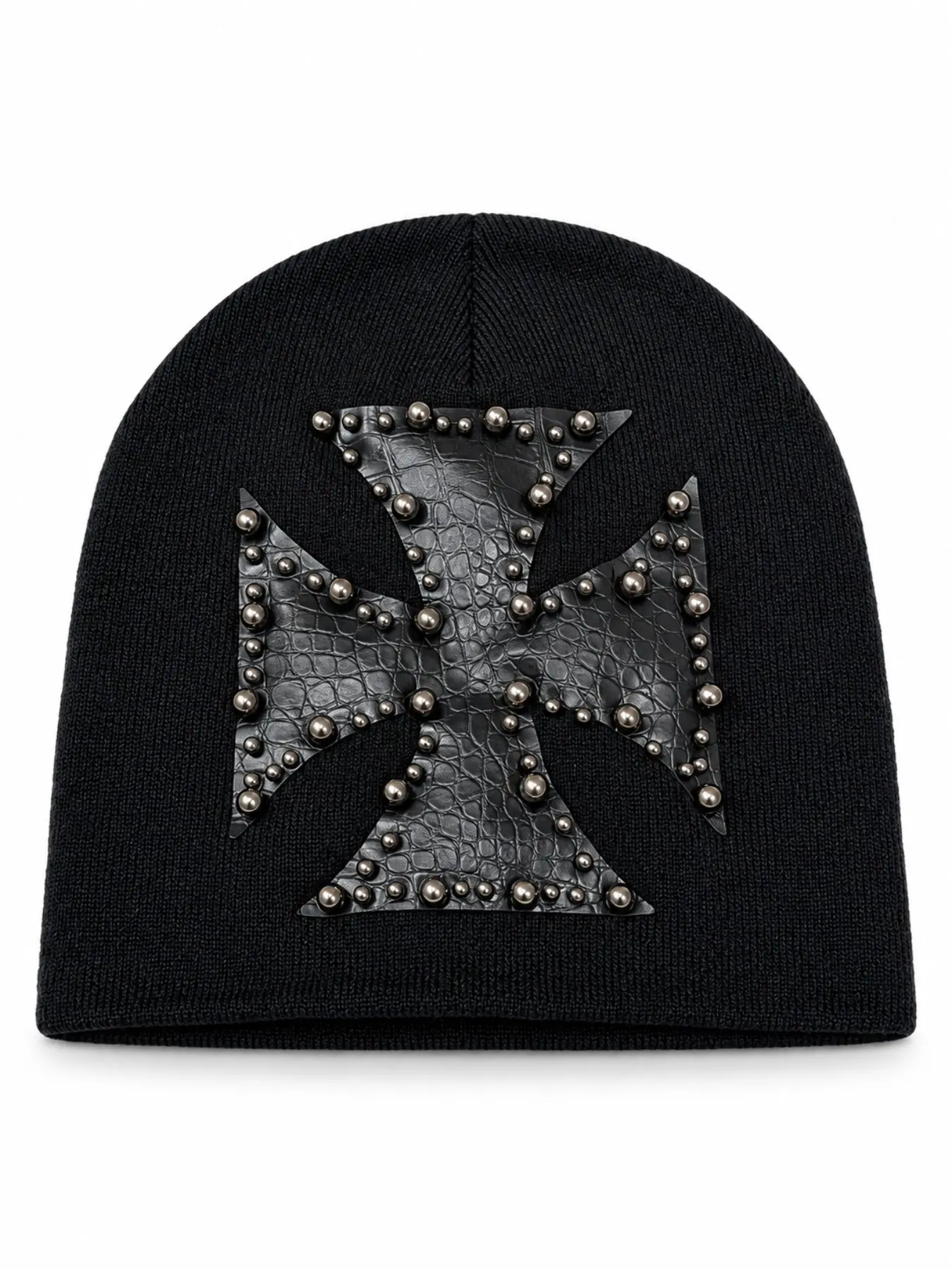 Unisex Rivet Cross Knit Hat, Punk Style PU Leather Patchwork Beanie, Metal Rivet Decor Winter Warm Hat, Elastic Fitted Streetwear Cap