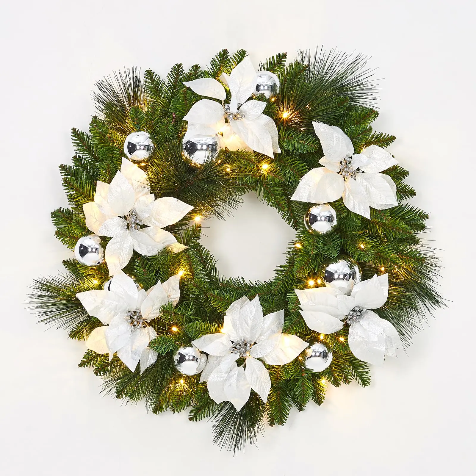 Garvee 61 cm Christmas Wreath with Flower Cypress Leaves, Balls, Ornament, Illuminated Christmas Wreath for Front Door, Winter Christmas Decoration for Window, Door, Indoor and Outdoor, Silver