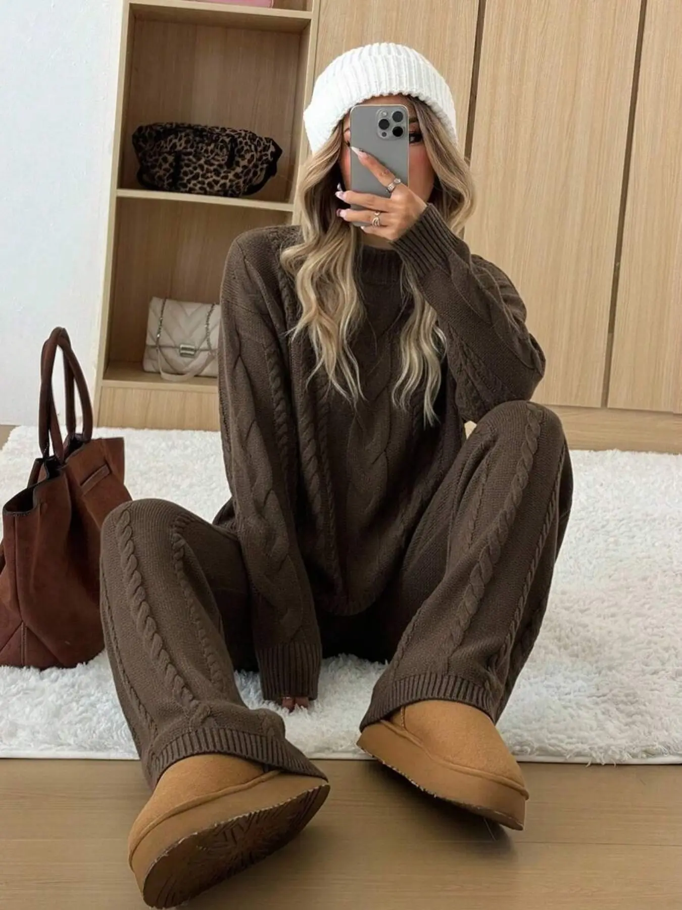 Women's 2 Pcs Sweater Set Turtle Neck Long Sleeve Cable Knit Solid Color Sweater Top and Wide Leg Pants Set, Autumn Winter Casual Loose Fit Daily Home Stylish Comfortable Cozy Loungewear Set, Fall Pants Set for Women, 2 Piece Sweater Set for Women