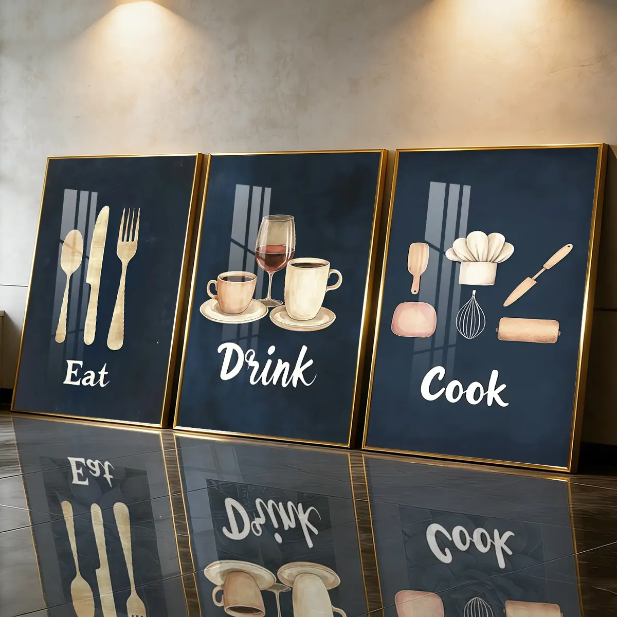 3 Count Aluminum Alloy Frame Canvas, Fashion Poster Eat Drink Cook, Modern Living Room Decoration, Light Luxury Family Art, Suitable For Bedroom, Corridor And Office Wall Decor, Gift