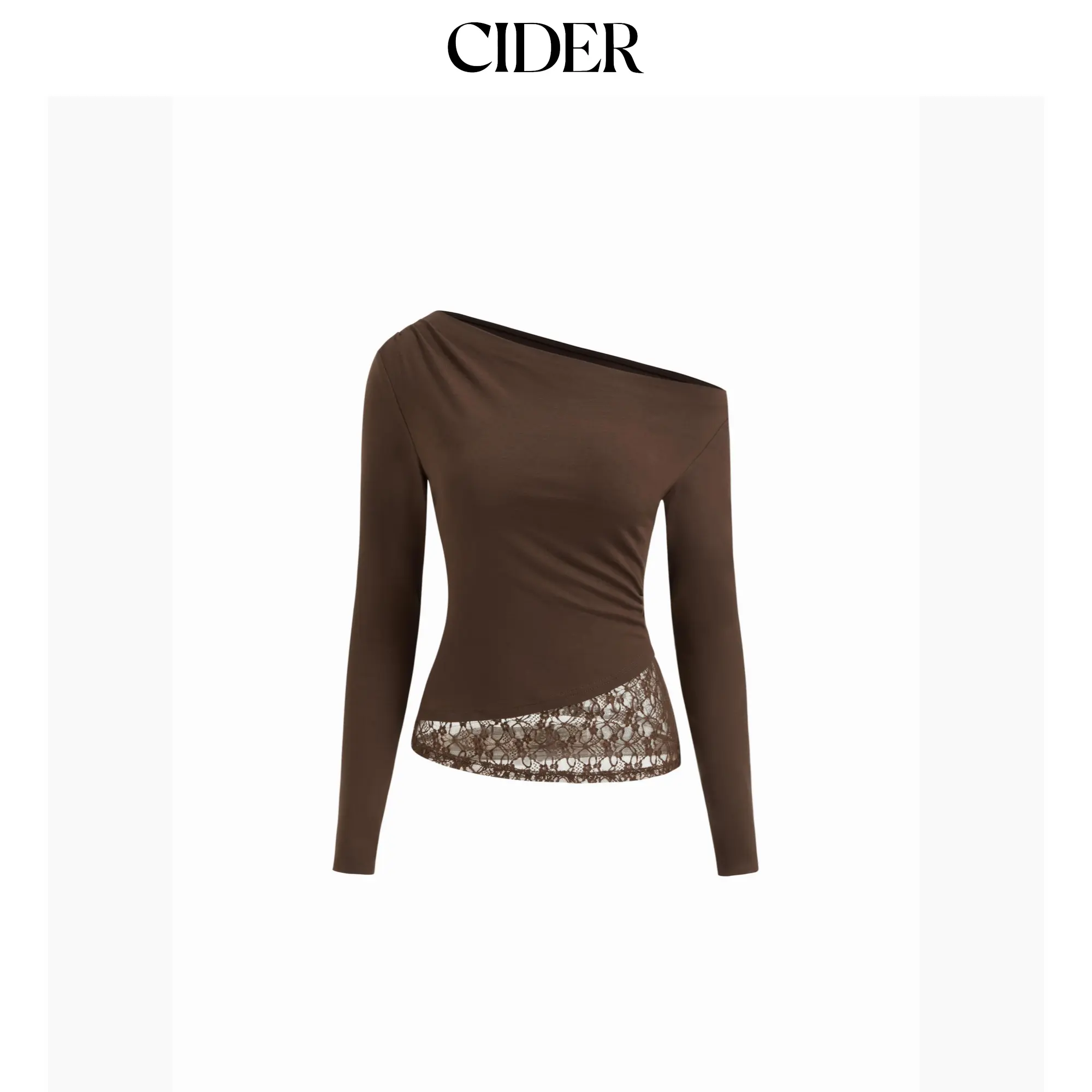 Cider Asymmetrical Neck Long Sleeve Contrasting Lace Ruched Tee SummerFinds