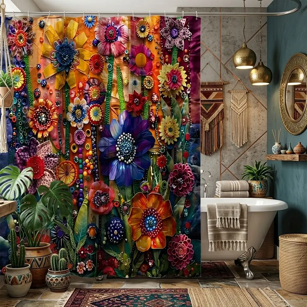 1pcs vibrant Bohemian-style beaded shower curtain with rainbow multicolor floral prints, stylish bathroom colors, a perfect choice for bathroom decor