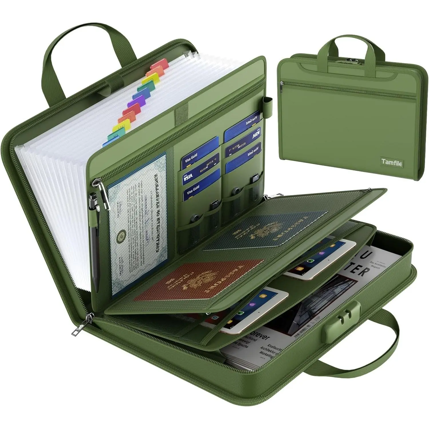 Fireproof Accordion File Folder with Lock-Zipper, 13 Pockets, Thickened Design, Labels & Handle, for A4 Length & Letter Size Documents (Green, 5200℉ Resistance)