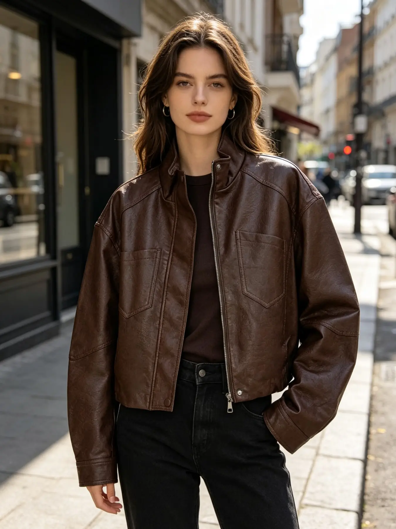 Vintage Stand Collar Zipper Short Jacket for Women, Long Sleeve Street Style Outerwear, Loose-Fitting Solid Color Coat