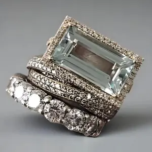 Three-piece ring set, personalized & fresh style, fashionable & luxurious, creative large rectangular women's ring.