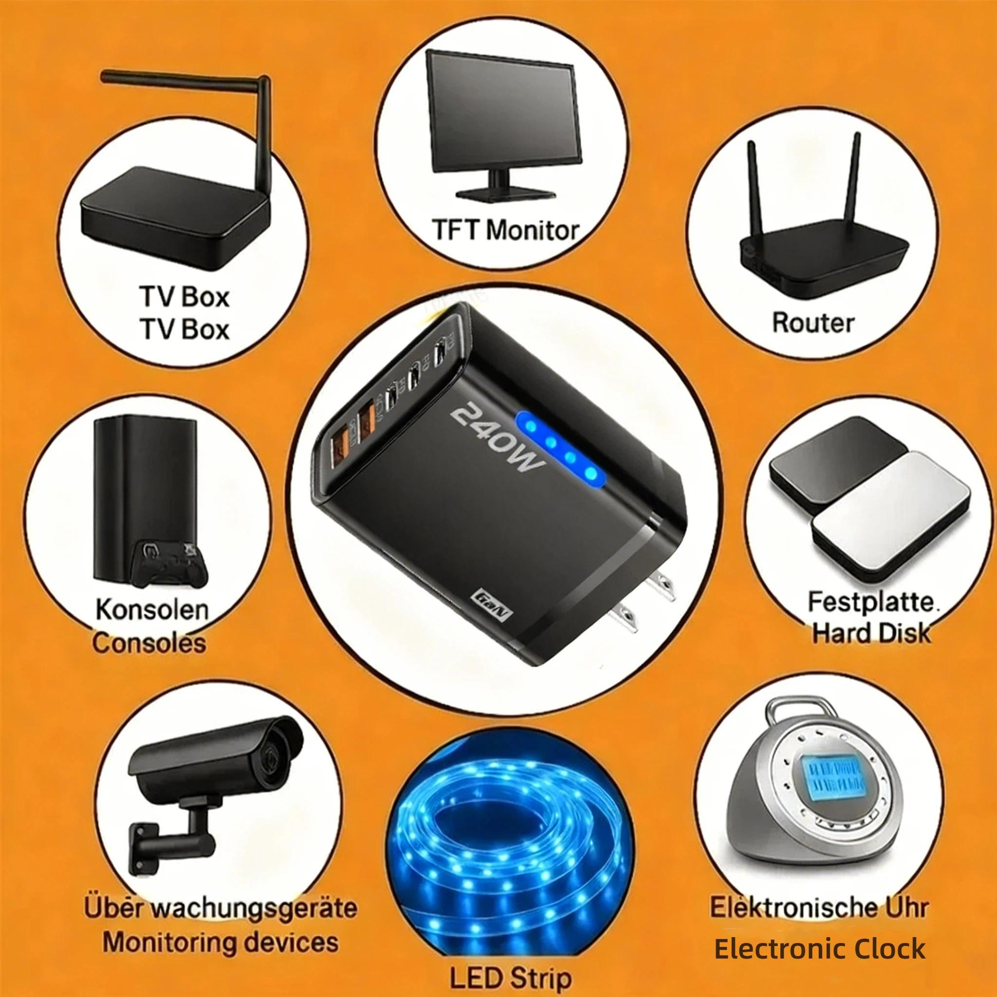 New 5 in 1 GaN Charger For IPhone 16 15pro Desktop Laptop Samsung 240W Fast Charging Adapter 120w Type To TypeC Cable Charger