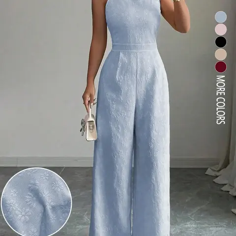 Women's Bowknot & Daisy Jacquard Fabric Waist Cinched Wide Leg Jumpsuit, High Waist, Elegant Fit Jumpsuit For Daily Commute