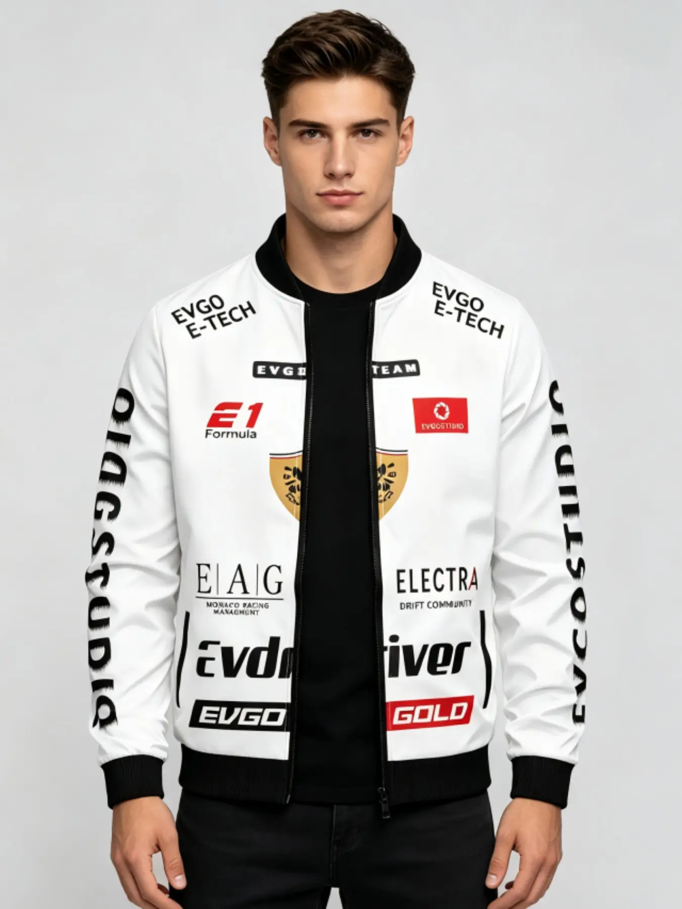 Men's Motorcycle Racing Baseball Jacket, Full Print Evgo Formula Logo, Ribbed Neck Zipper Windproof Coat, Streetwear Style