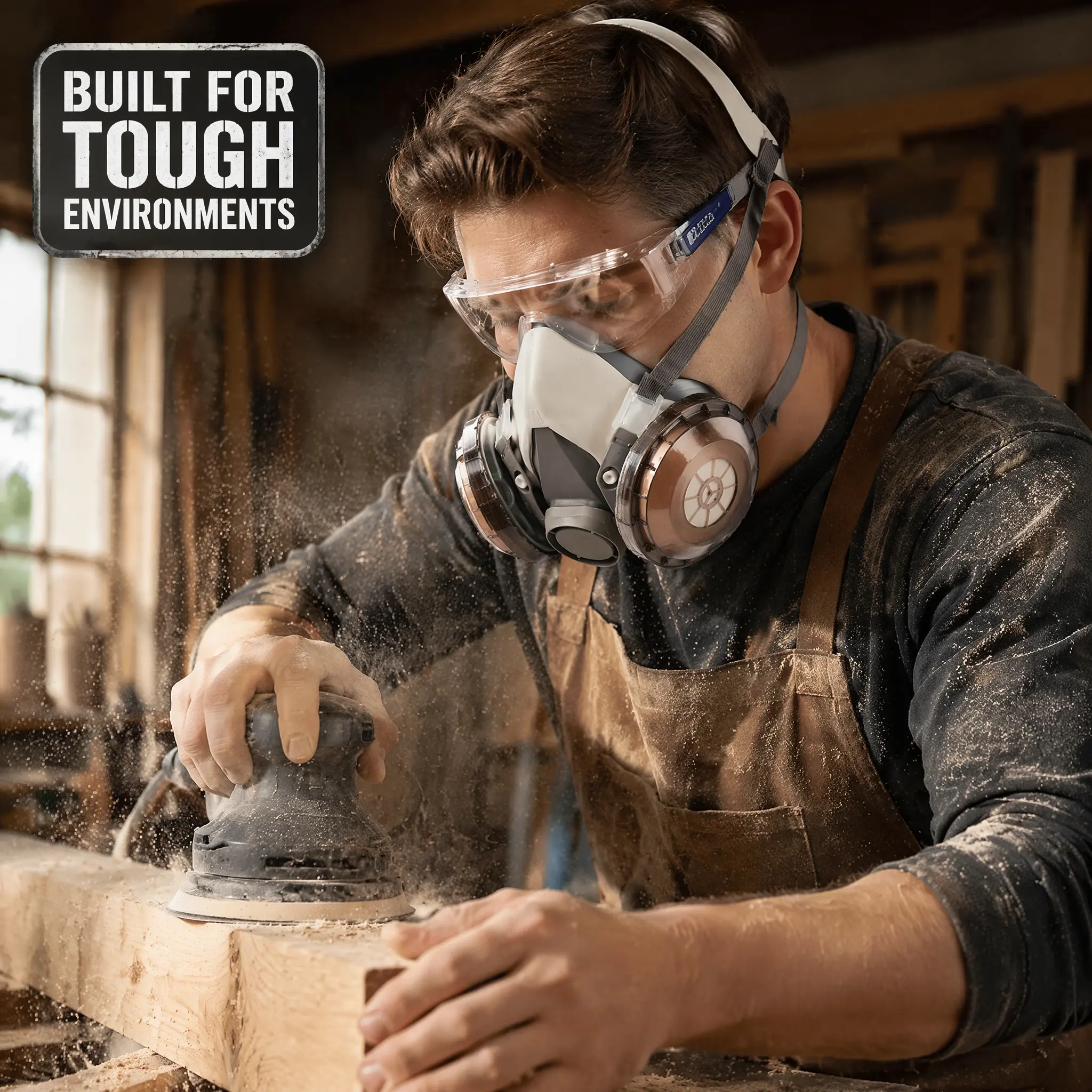 Reusable Half Face Respirator Box Set with Anti-Fog Safety Goggles, Silicone Dual-Cartridge Mask with 10 Filters for Woodworking & Grinding, Protection