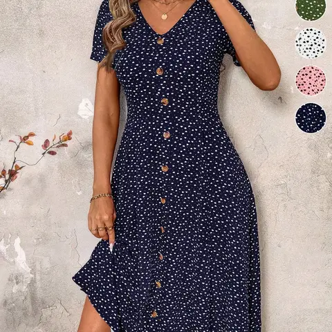 Women's Polka Dot Print V-Neck Short Sleeve Dress, A-Line Midi Dress with Wooden Button Details, French Retro Elegant Style for Various Occasions, Button Front Dress