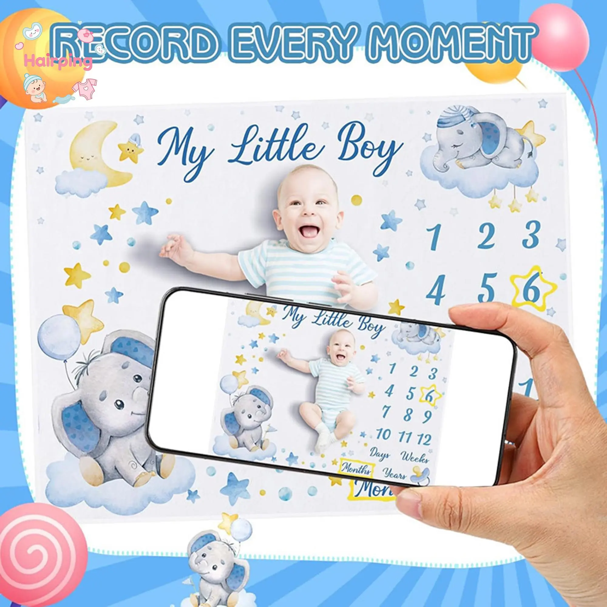 Baby Monthly Milestone Blanket, Elephant Numbers Soft Growth Blanket Baby Shower Photo Booth Prop