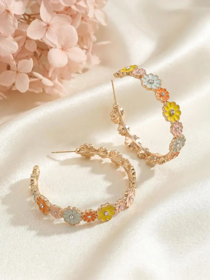 Cute Floral Resin Druzy Hoop Earrings, Hoops Earrings, Fashionable Colorful Earrings, Perfect Gift for Girlfriend, Sister, Mother, Ideal for Daily Wear, Fashion Jewelry Earrings