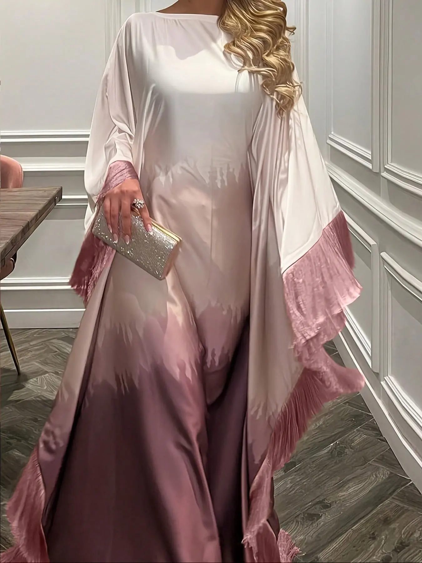 Women's Fringe Embroidered Gradient Robe, Elegant Long Sleeve Arab Dress, Casual Loose-Fit, All Seasons, Formal Occasion Wear