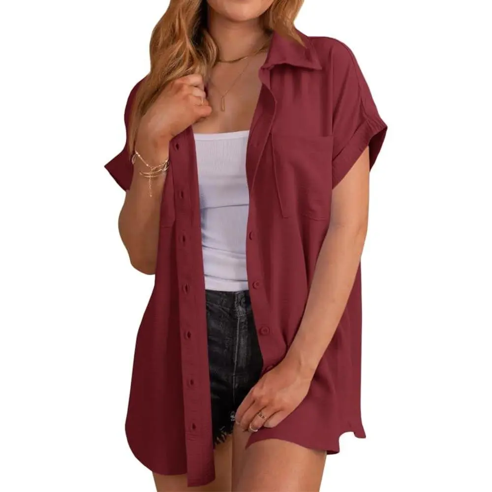 Womens Short Sleeve Button Down Shirt Casual Loose Fit Summer Blouse Top with Pockets(Gift)