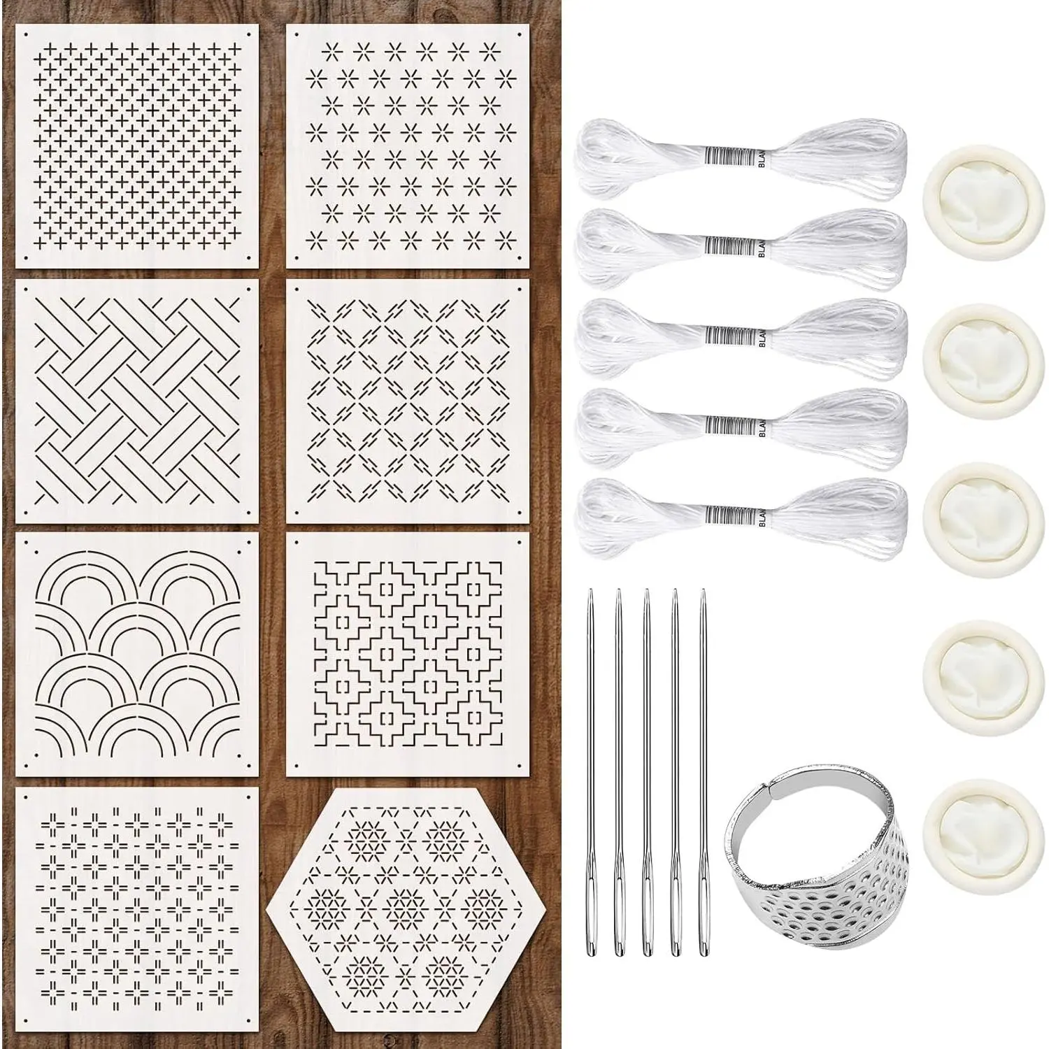 Yousoontic 24 Pcs 4.7 x 4.7 Inch Plastic Sashiko Stencil Kit with Sashiko Thimble and Needles Thread Geometric Pattern Template Drawing Line Embroidery Pattern for Hand Quilting and Embroidery
