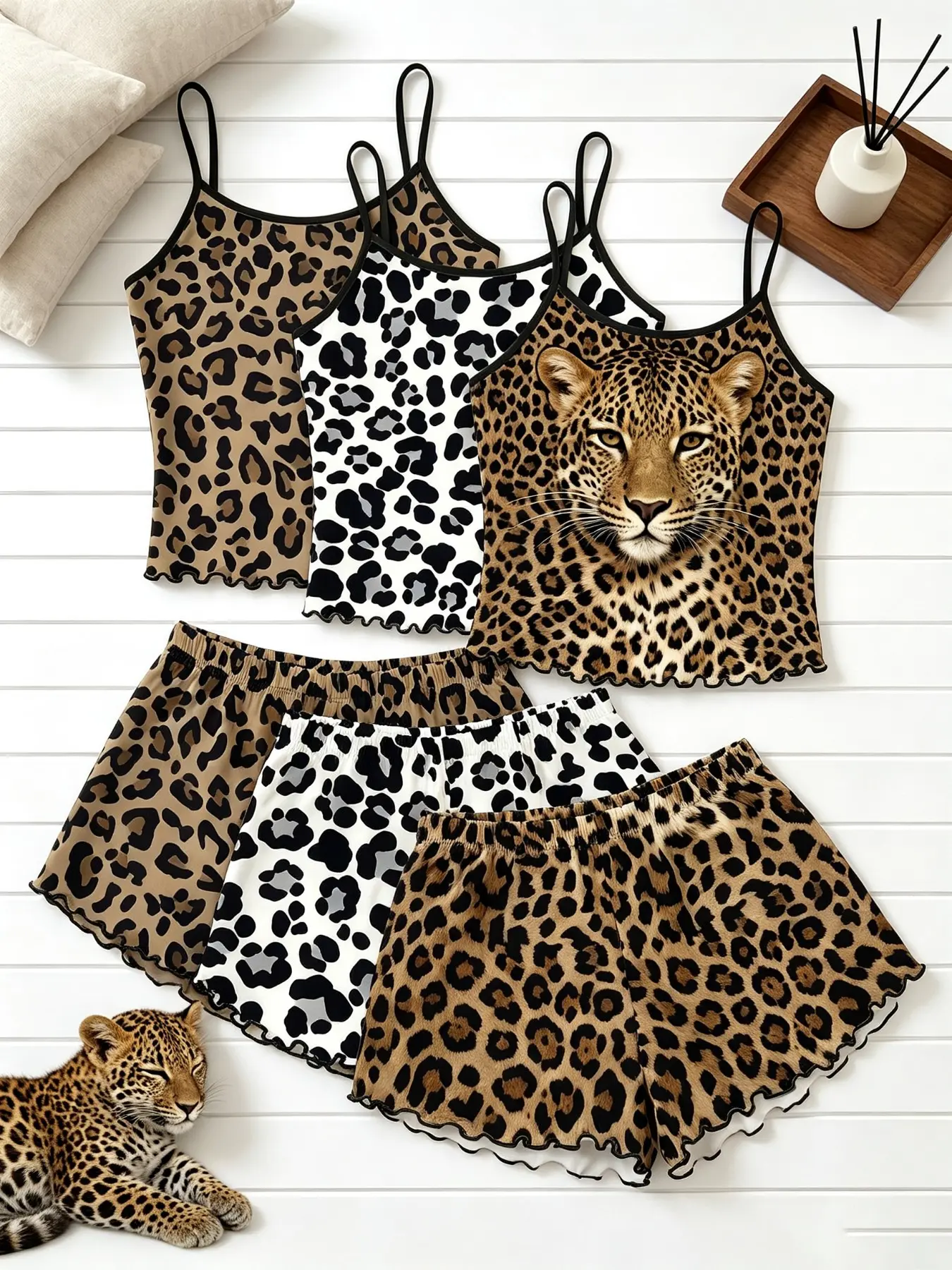 Women's Sleepwear 6 Pack Value Matching Set Leopard Cheetah Animal Print Summer Spaghetti Strap Lettuce Ruffle Hem Contrast Trim Soft Breathable Lightweight Stretchy Cami Top Shorts Home Lounge Casual Daily Wear Multipack Sleep Set