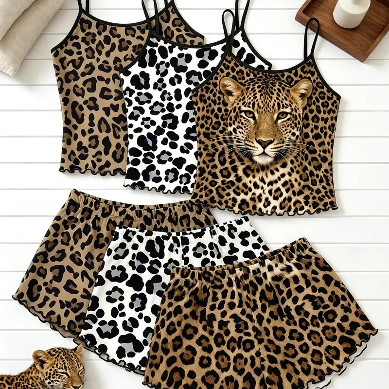 Women's Sleepwear 6 Pack Value Matching Set Leopard Cheetah Animal Print Summer Spaghetti Strap Lettuce Ruffle Hem Contrast Trim Soft Breathable Lightweight Stretchy Cami Top Shorts Home Lounge Casual Daily Wear Multipack Sleep Set Loungewear