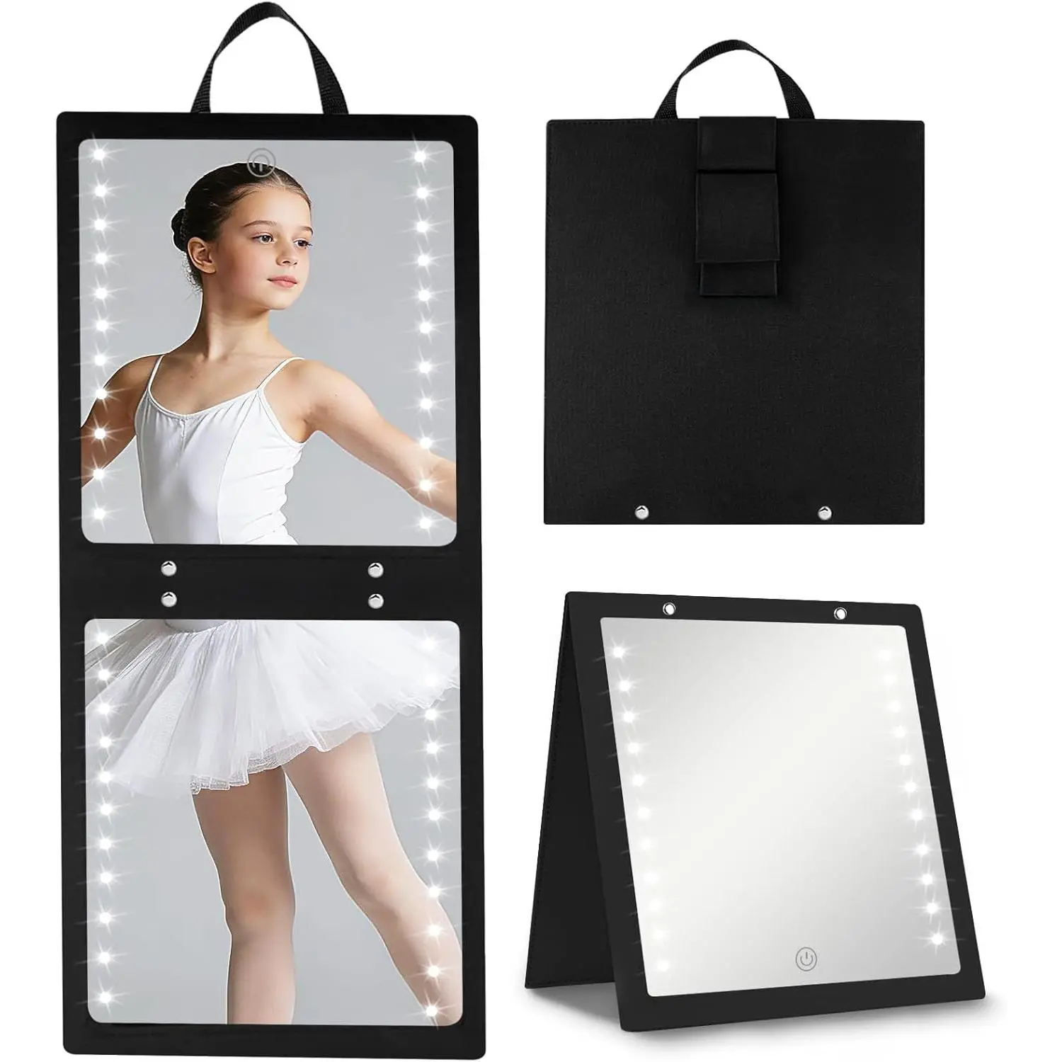 Lighted Hanging Mirror for Dance Backstage - Rechargeable Folding LED Full Length Mirror with Lights for Dancers, Portable Foldable Travel Body Mirrors, Brightness Adjustable, Black