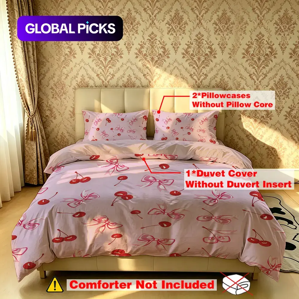 The 3-piece cherry bow pattern theme bedding set, Comfy Bedding Set, includes one bedspread and two pillowcases, without fillings. It's comfortable, suitable for single beds and double beds, and ideal for use in bedrooms and hotels