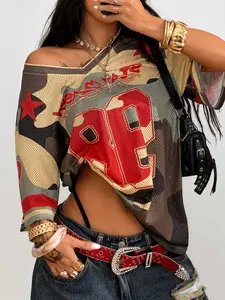 American Camouflage Style 98 Number Mesh T-Shirt, Camo, Print, V-Neck, Loose Fit, Breathable, Vintage Retro Streetwear