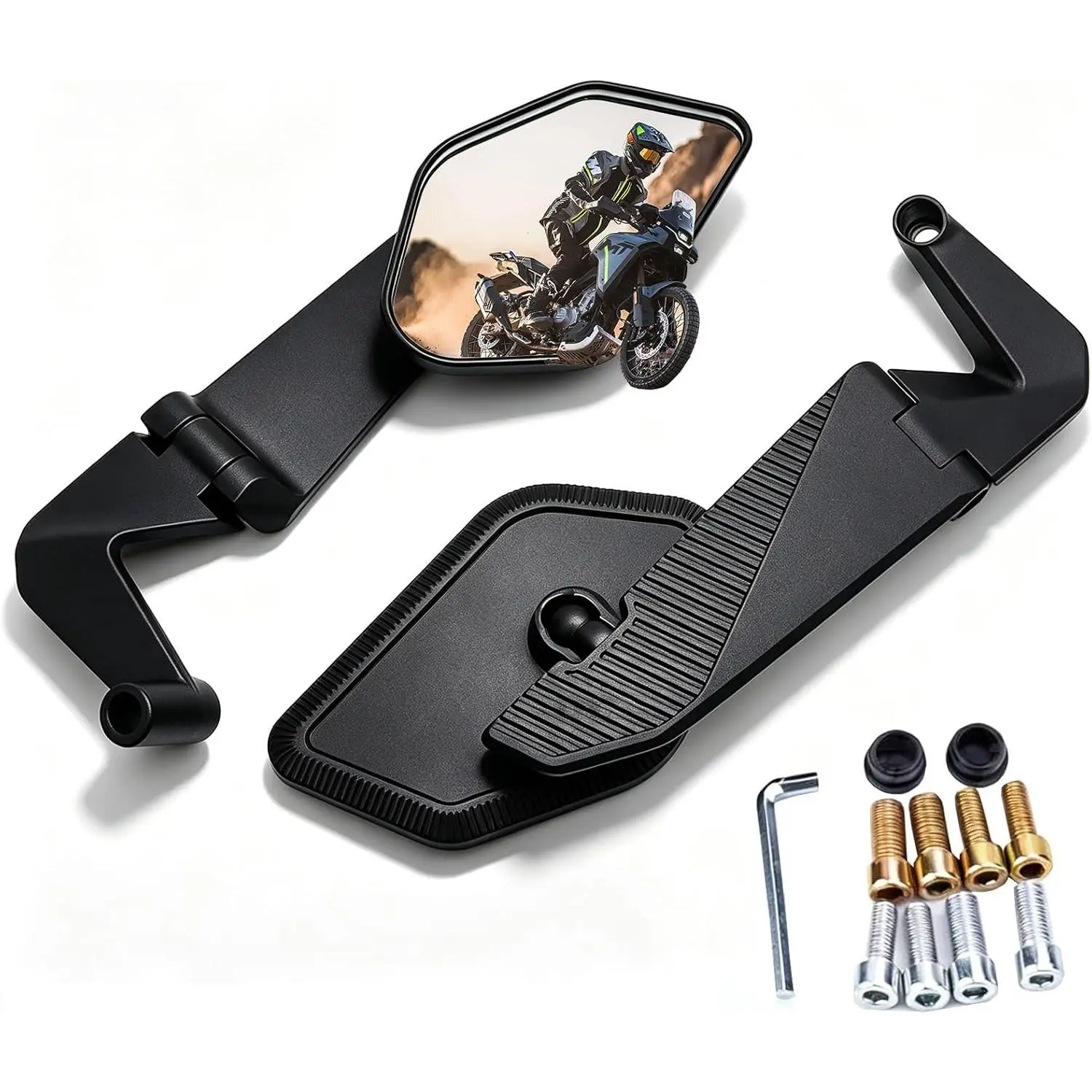 Universal Motorcycle Stealth Rearview Mirrors - 360° Adjustable Folding Wind Wing Side Mirrors for Sportbikes, CNC Aluminum