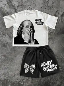 2-Piece Unisex Streetwear Set, Cartoon Print T-Shirt & Shorts, Loose-Fit Summer, Fashionable Daily Wear