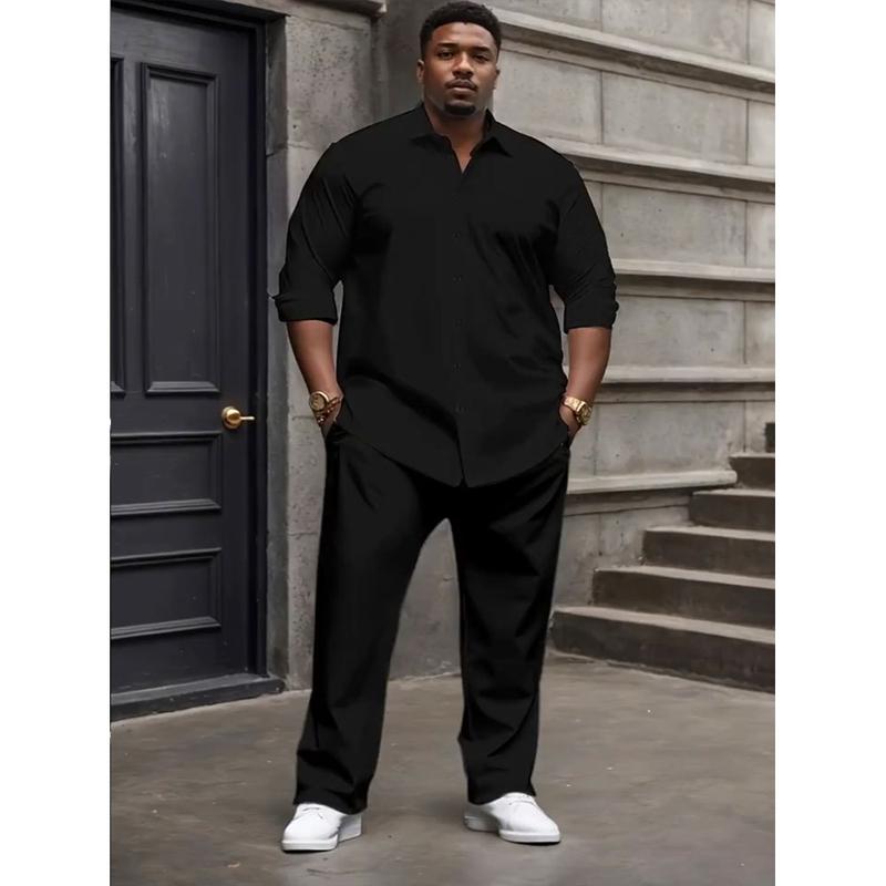 Plus Size Men's Casual Sport Suit Outdoor Leisure Button Closure Jacket & Pants Set for Spring Summer Adult Males Black Trouser Menswear Gamis - Clothes