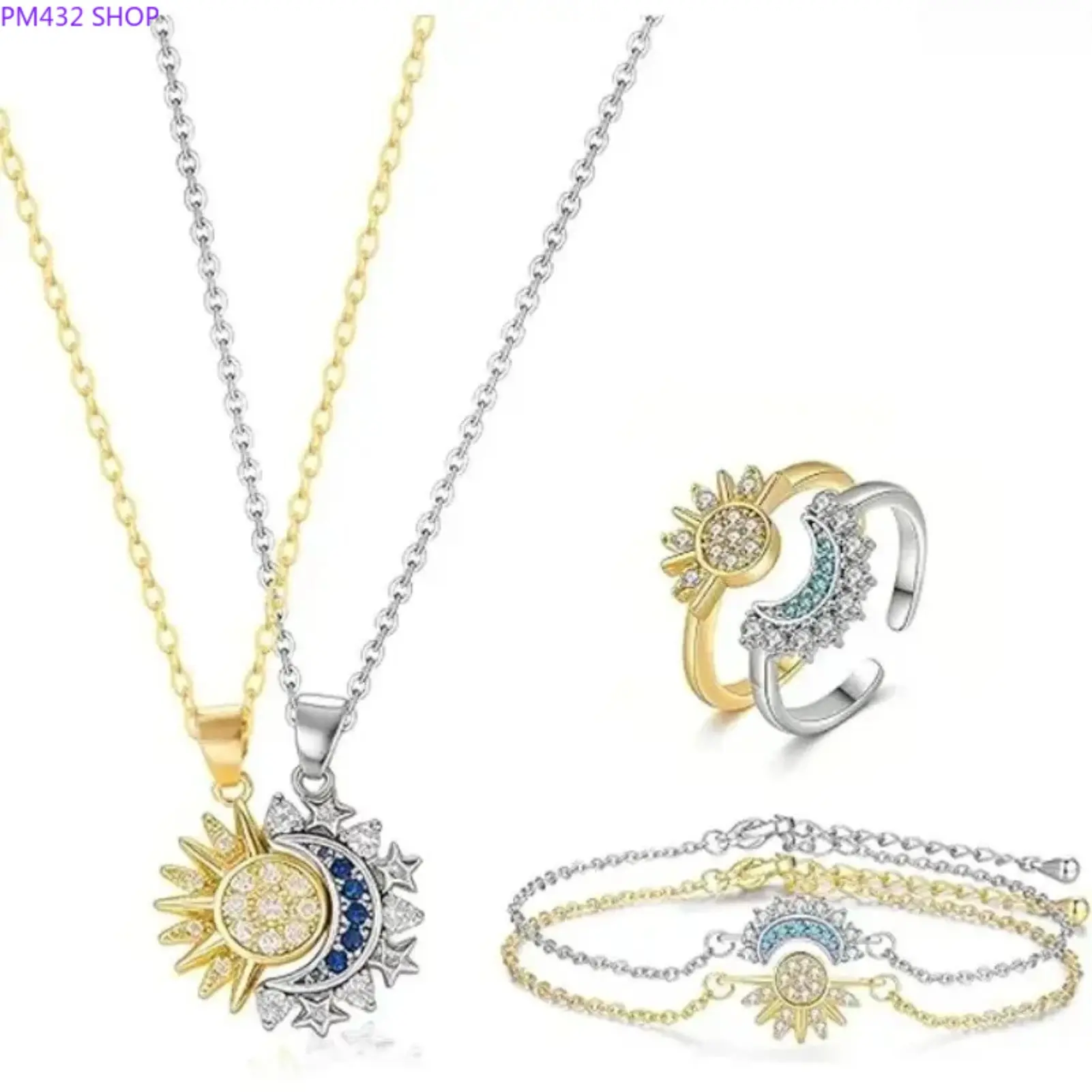 3-Piece Sun and Moon Magnetic Matching Jewelry Set, Necklace Bracelet and Ring Set for Couples, Adjustable Couple Jewelry Gift for Him and Her