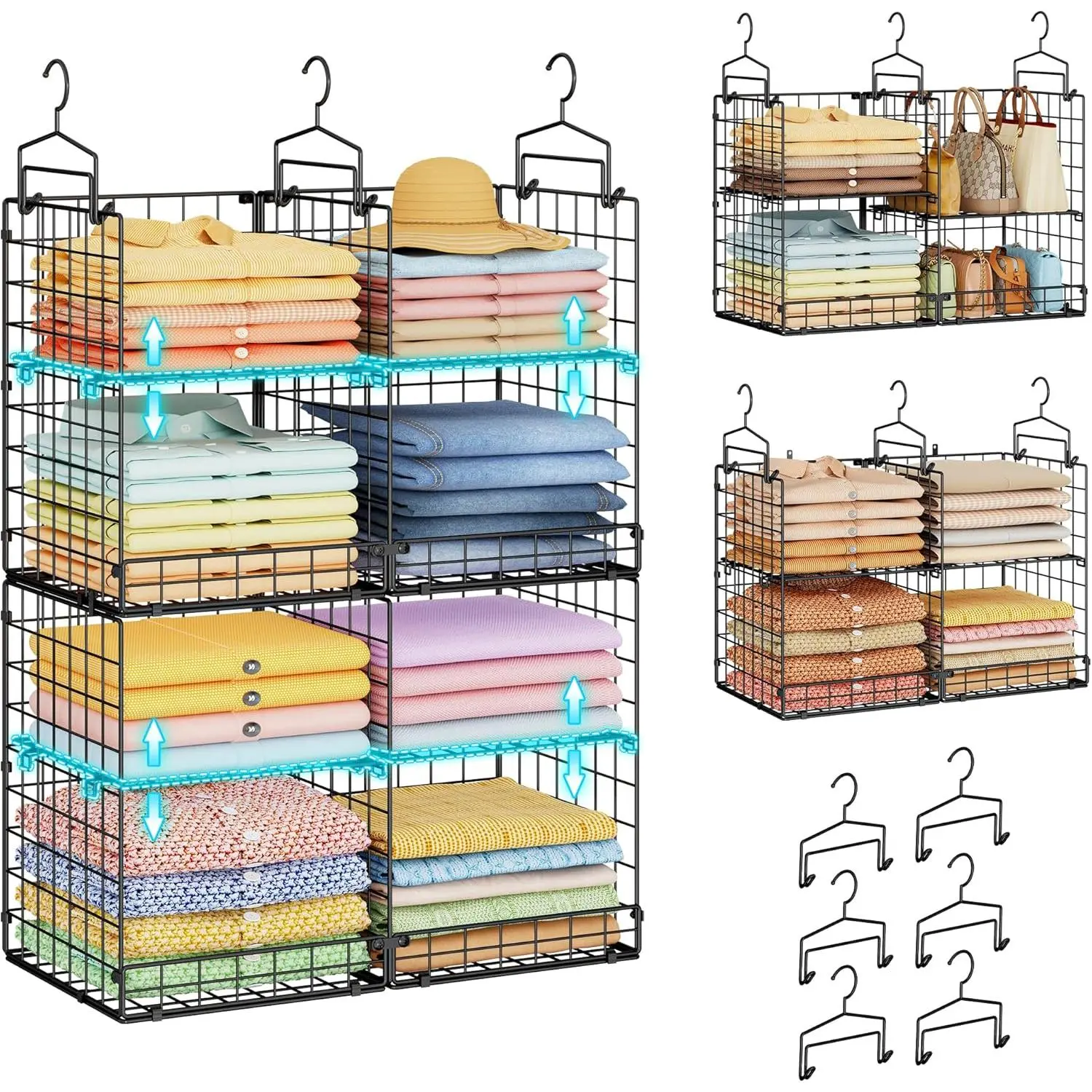 Hanging Closet Organizer with DIY Spacing, Double-Row Closet Hanging Shelves with 4 Adjustable Dividers & 6 Hooks, Heavy Duty Metal Closet Storage Organizer with Front Guard, Split into 2 Units