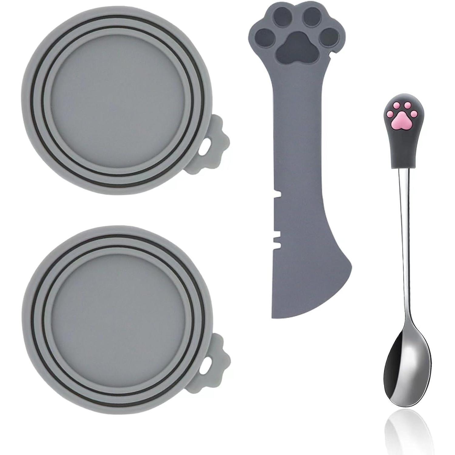 Cat Food Can Spoons & Can Lids |   4 Pcs |   Multi-Function Can Opener |   Silicone Pet Food Can Covers |   Stainless Steel Wet Food Spoon for Cats and Dogs(Grey),Hand Tools Kits