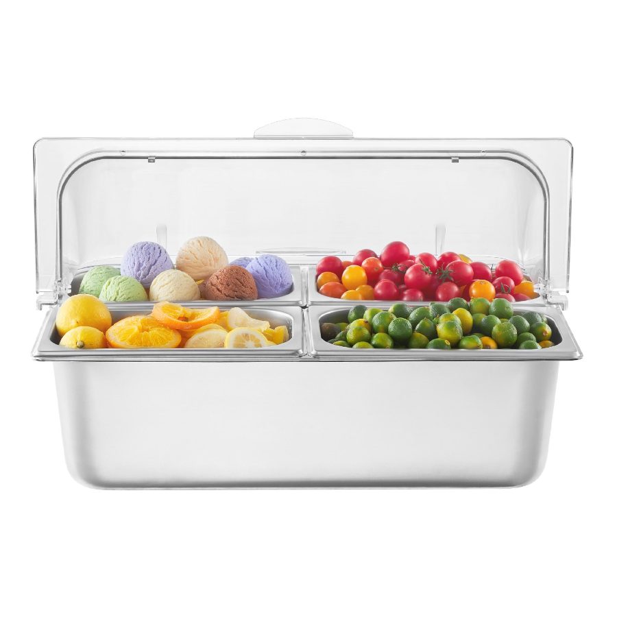 VEVOR Countertop Food Serving Display Container, 4 Pan Stainless Steel Food Serving Tray, Buffet Condiment Dispenser Display Rack with Clear Lid 3 Freezer Boxes, for Restaurant Hotel Kitchen Party