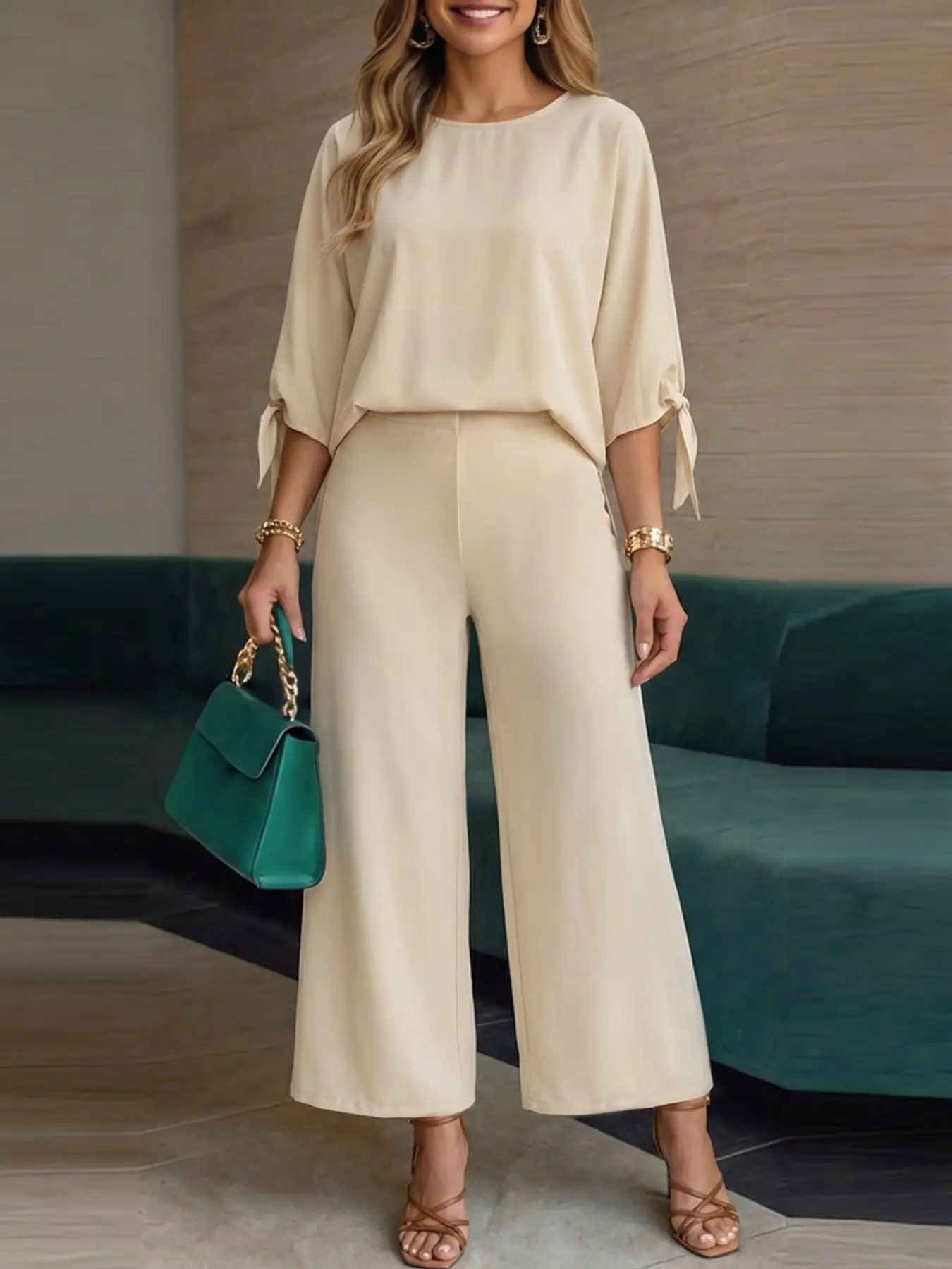 ZANZEA Women's Round Neck Bow Sleeve Casual Blouse and Straight Leg Loose Pants Set, Comfortable Solid Color Two-Piece for Daily Wear