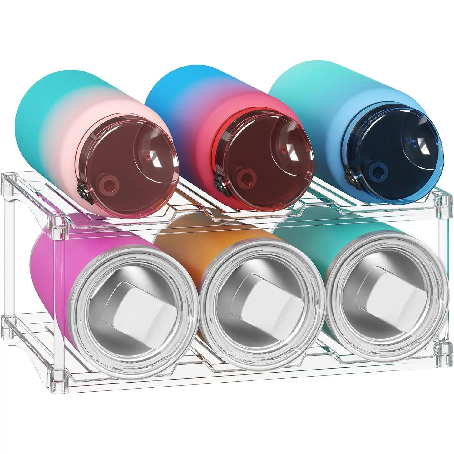 Stackable Water Bottle Organizer, Clear Tumbler Holder for Cabinet | Large Slot for Up to 40 oz Cups, Plastic  Rack for Fridge, Pantry, Kitchen Organization & Storage, 2-Tier Holds 6 Bottles