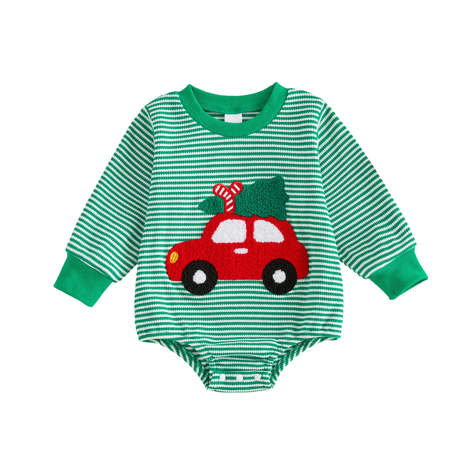 REDWOON Infant Baby Boy Christmas Romper Striped Long Sleeve Bodysuit Car Christmas Tree Embroidered Onesie Fall Winter Clothes 0-18M