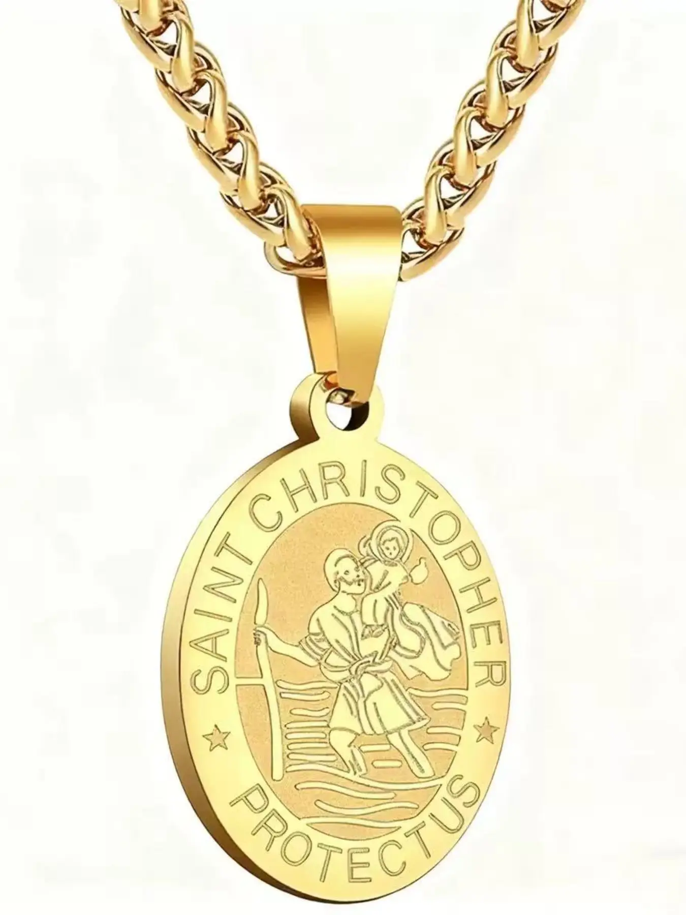 Stainless Steel Saint Christopher Oval Pendant Necklace, Protective Prayer Symbol, Unisex Vintage Fashion, Jewelry Gift