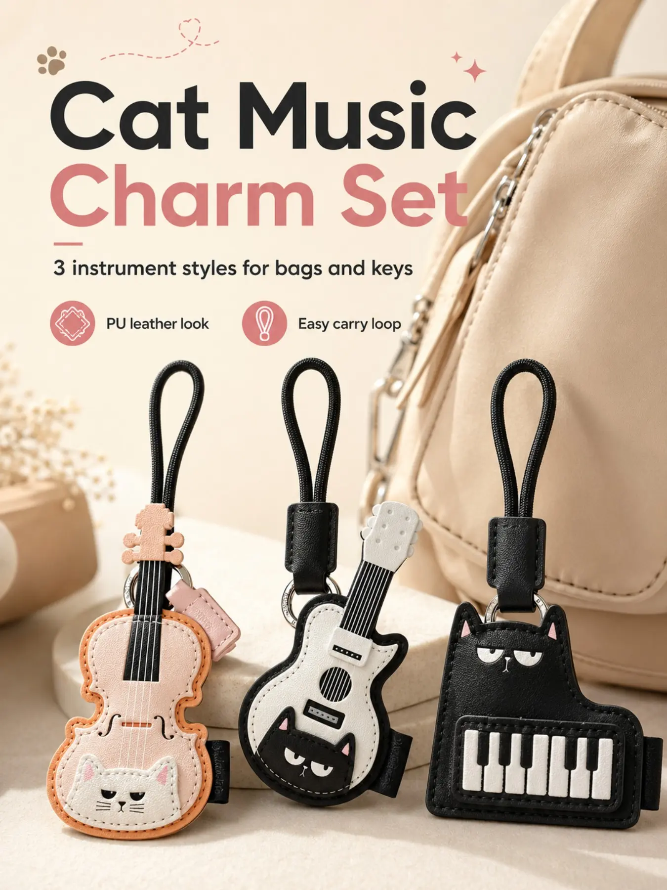 Cat Musical Instrument Bag Charm Pendants – PU Piano Violin Guitar Bag Chain Charms, Cute Music Lover Bag Decoration Pendant, For Backpack & Daily Key Accessories