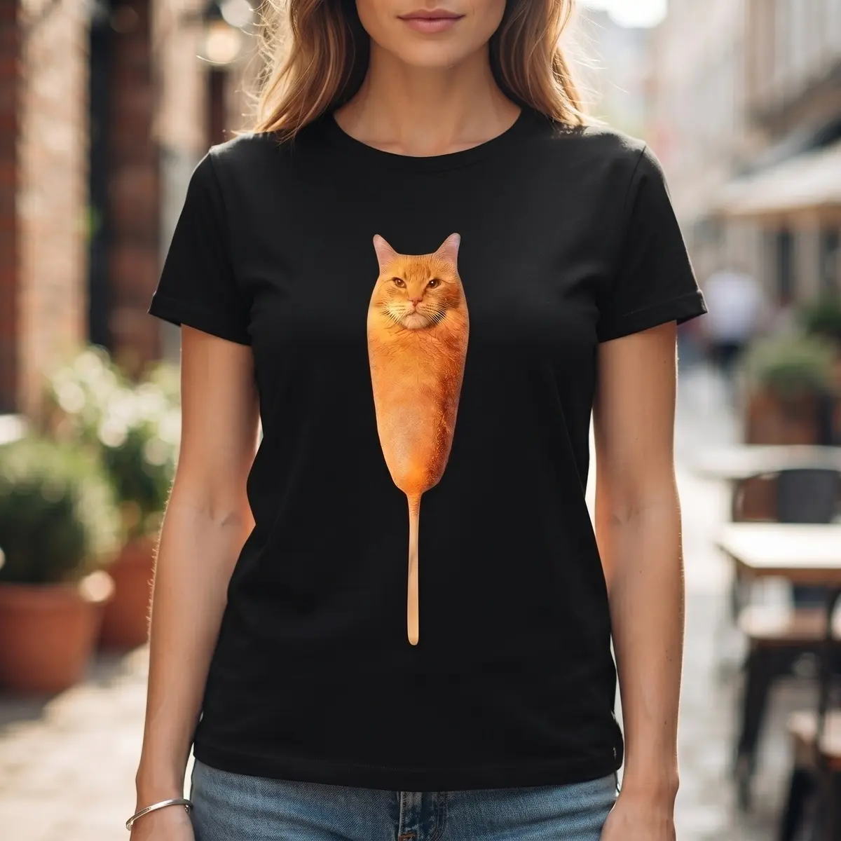 Unisex Loose-Fit Casual Polyester Round Neck Short-Sleeve Sports Top - Funny Orange Cat Corn Dog Print, Quirky Internet-Famous Food Meme Design, Absurd Curse-Style Graphic, Creative Gift for Cat Lovers