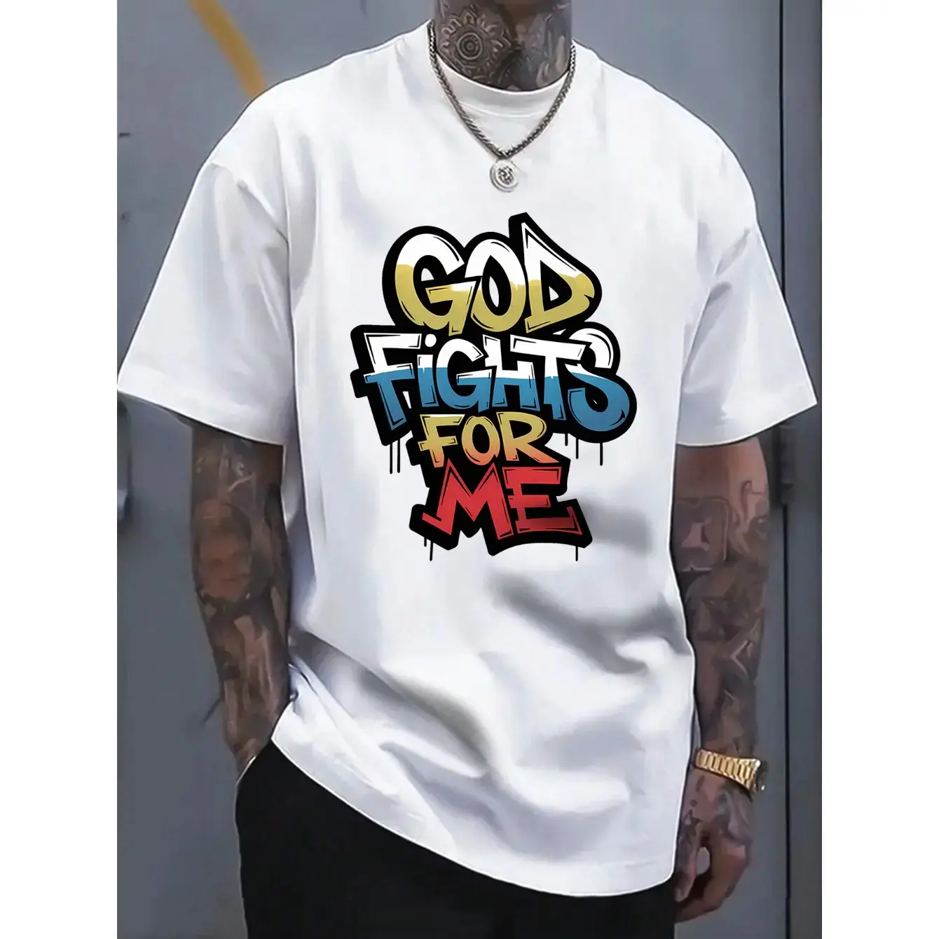 Men's Bold Print with the phrase 'God Fights for Me' Graphic T-Shirt -  white Short Sleeve Crew Neck Regular Fit Casual Wear |     Soft & Breathable Fabric, Durable Print, Everyday Comfort, Machine Washable, Regular Fit Streetwear Casual Everyday