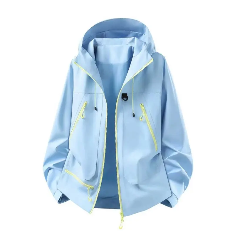 hooded color contrast zipper hiking jacket, bright  zipper trim, multi zipper storage pockets, adjustable drawstring hood, lightweight windproof fabric, loose casual outdoor mountaineering coat for spring summer travel daily outfits