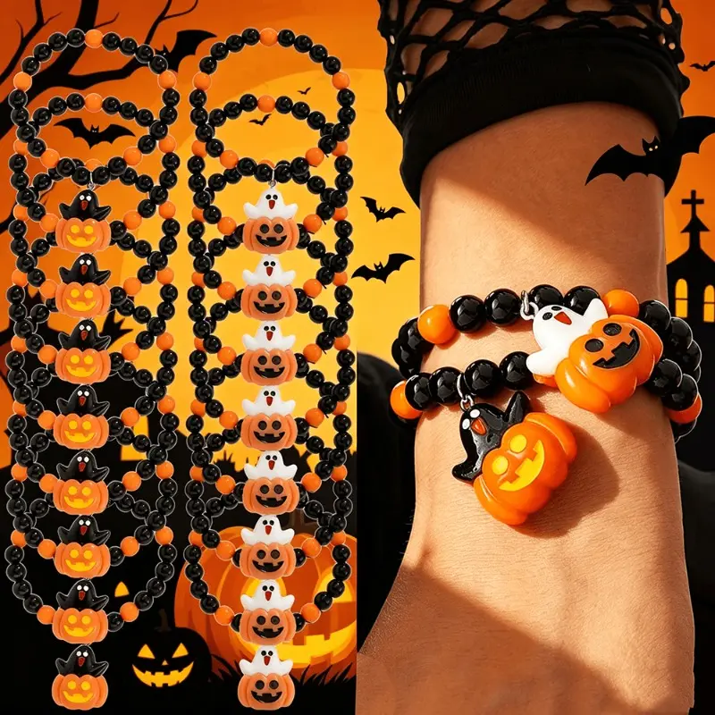 Gift for Her/Him 18pcs Halloween Cute Pumpkin Ghost Beaded Bracelets Set, Black And Orange Beads Bracelets with Pumpkin Charms, Perfect Halloween Party Bracelet for Women