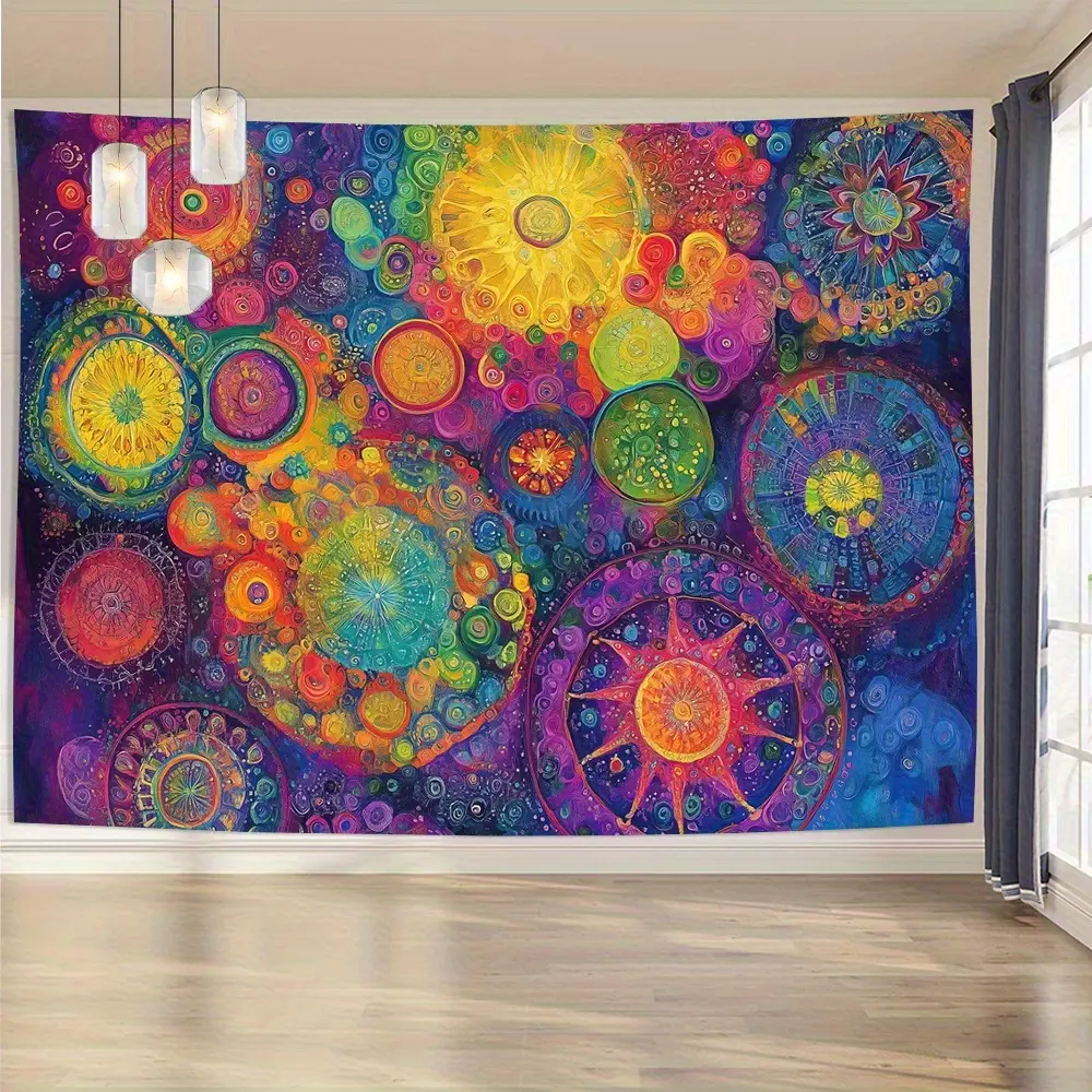 1pc Mandala Colorful Abstract Complex Pattern Background Fabric, Polyester, Vintage Style, Decorative Hanging Wall Tapestry for Home& Kitchen Decor, No Feather, Plug-in Free