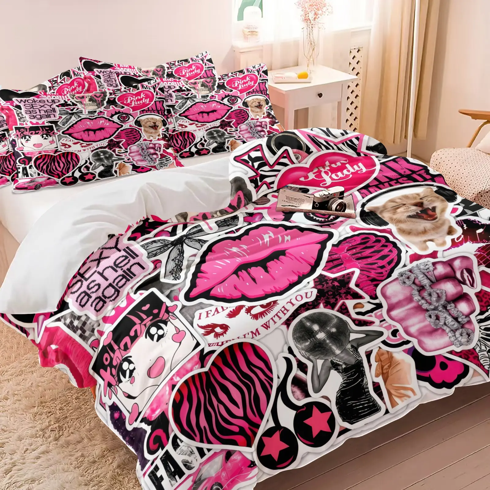 Y2K Hot Girl Gothic Sticker Duvet Cover Set, 1 Duvet Cover with 1-2 Pillowcases, Pink Black Grunge Sticker Print Bedding, Soft Microfiber All Season, Edgy Sweet Spicy Bedroom Decor, Gift for Anime & Y2K Aesthetic Lovers