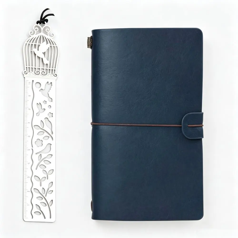 Vintage PU Leather Travel Notebook with Hollow Metal Bookmark Ruler, Refillable Portable Travel Journal, Multi-Pocket Diary Notebook, Creative Stationery Gift for Travelers