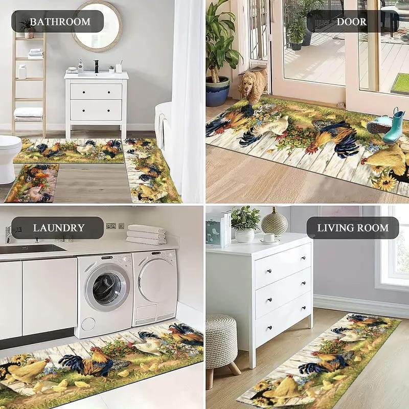 Easter Kitchen Mat Set 2pcs/3pcs, Farmhouse Kitchen Rug, Absorbent Lightweight Washable, Spring Home Decor, Easter Garden Rooster Pattern, Ideal Gift