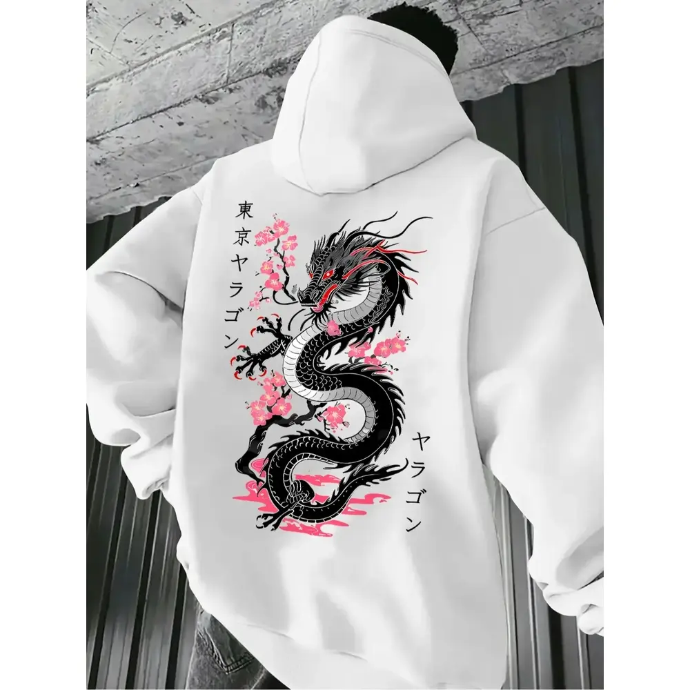 Men's Casual Hooded Sweatshirt with Dragon Print, Drawstring Pocket Long Sleeve Pullover, Casual Hoodie, Graphic Hoodie, Fall & Winter Streetwear, Drawstring Pocket Hoodies