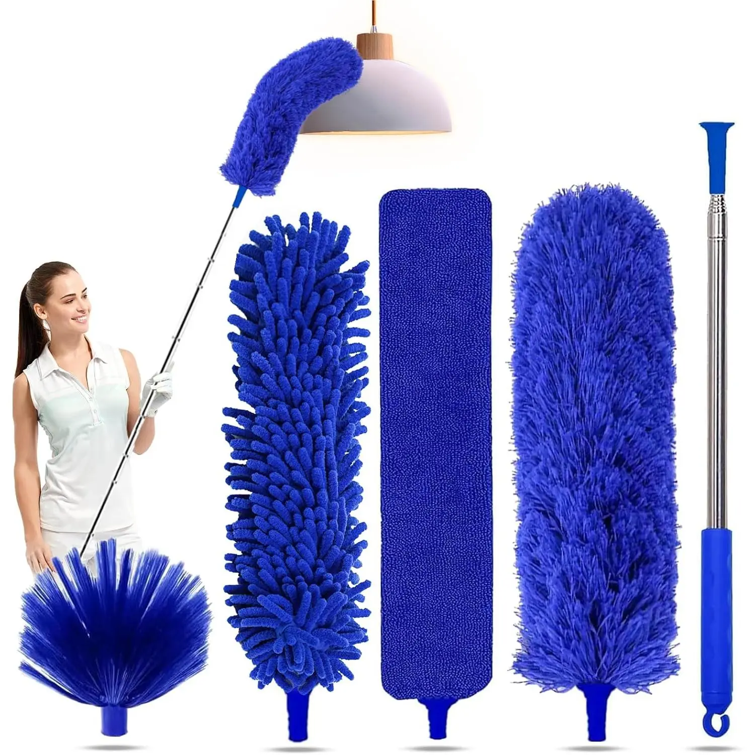 Duster with Extension Pole - Blue | 5-in-1 Kit Dusters for Cleaning, Extendable Duster with 100 Inches, Microfiber Dusters for Ceiling Fans, Furniture, Blinds