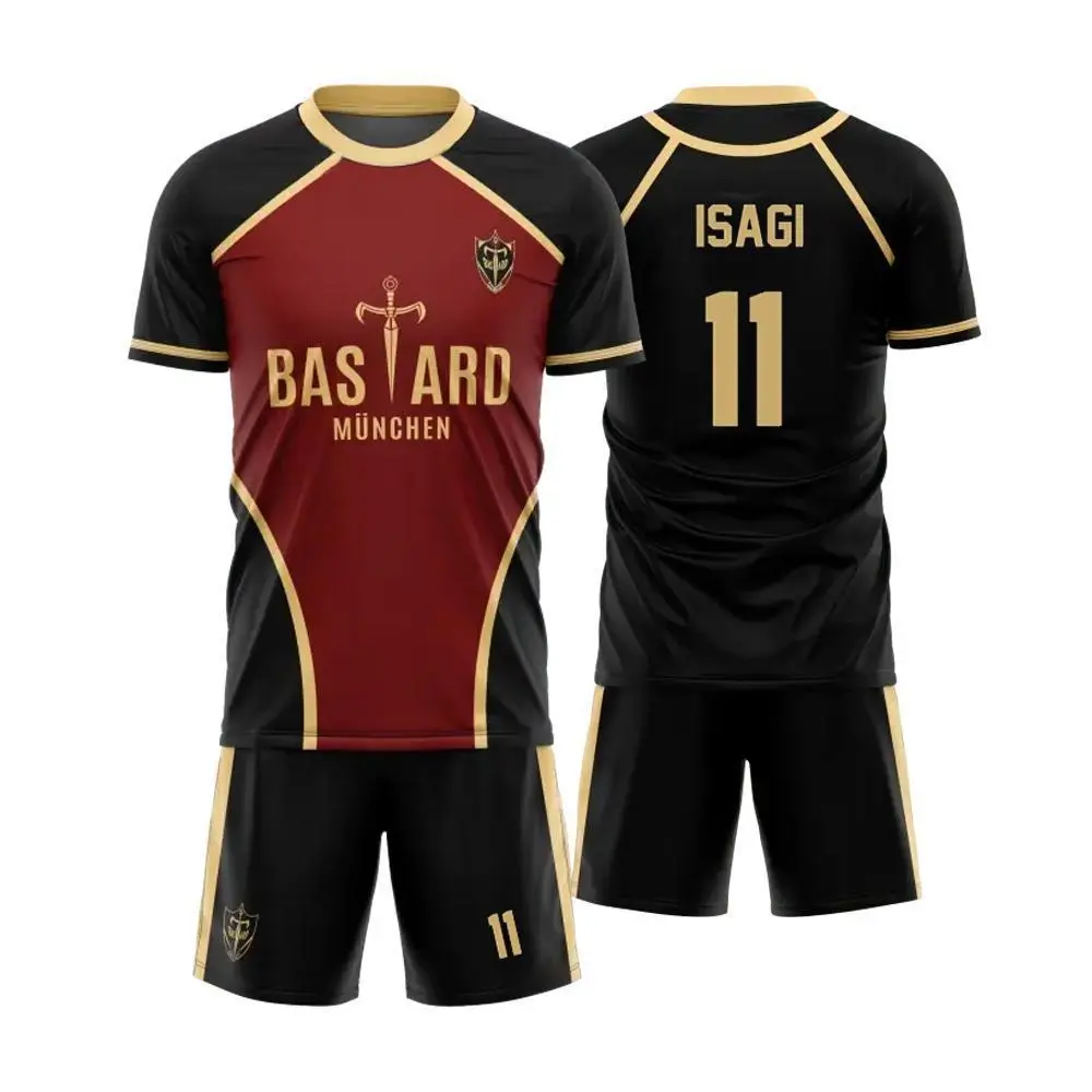 Male Customizable Futsal-Football Pattern VL Replika Blue Lock Anime Print Bastard Munchen Short-Sleeve Streetwear Sportswear Set, Check Size Chart
