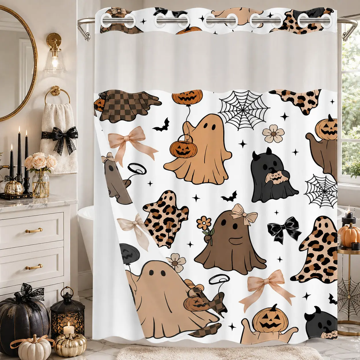 No Hooks Cute Ghost Leopard Plaid Pumpkin Halloween Shower Curtain with Snap-In Liner, Double-Layer Waterproof Fabric, Sheer Mesh Top, Removable White Liner, Trendy Spooky Bathroom Decor, Hotel, Dormitory and Bathroom Accessories, 72x75in