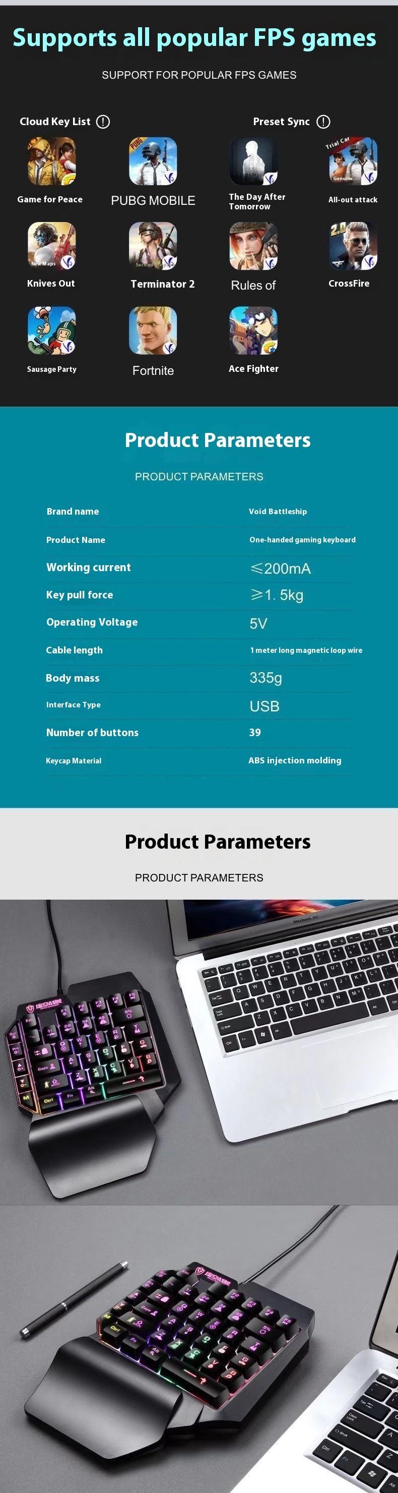 ZRTF F6 Single Mobile Phone Glowing Gaming Keyboard,Supports for Android System, PUBG Keyboard Connect to Mobile Phone King of Glory Left Hand Keyboard  for Android not ios